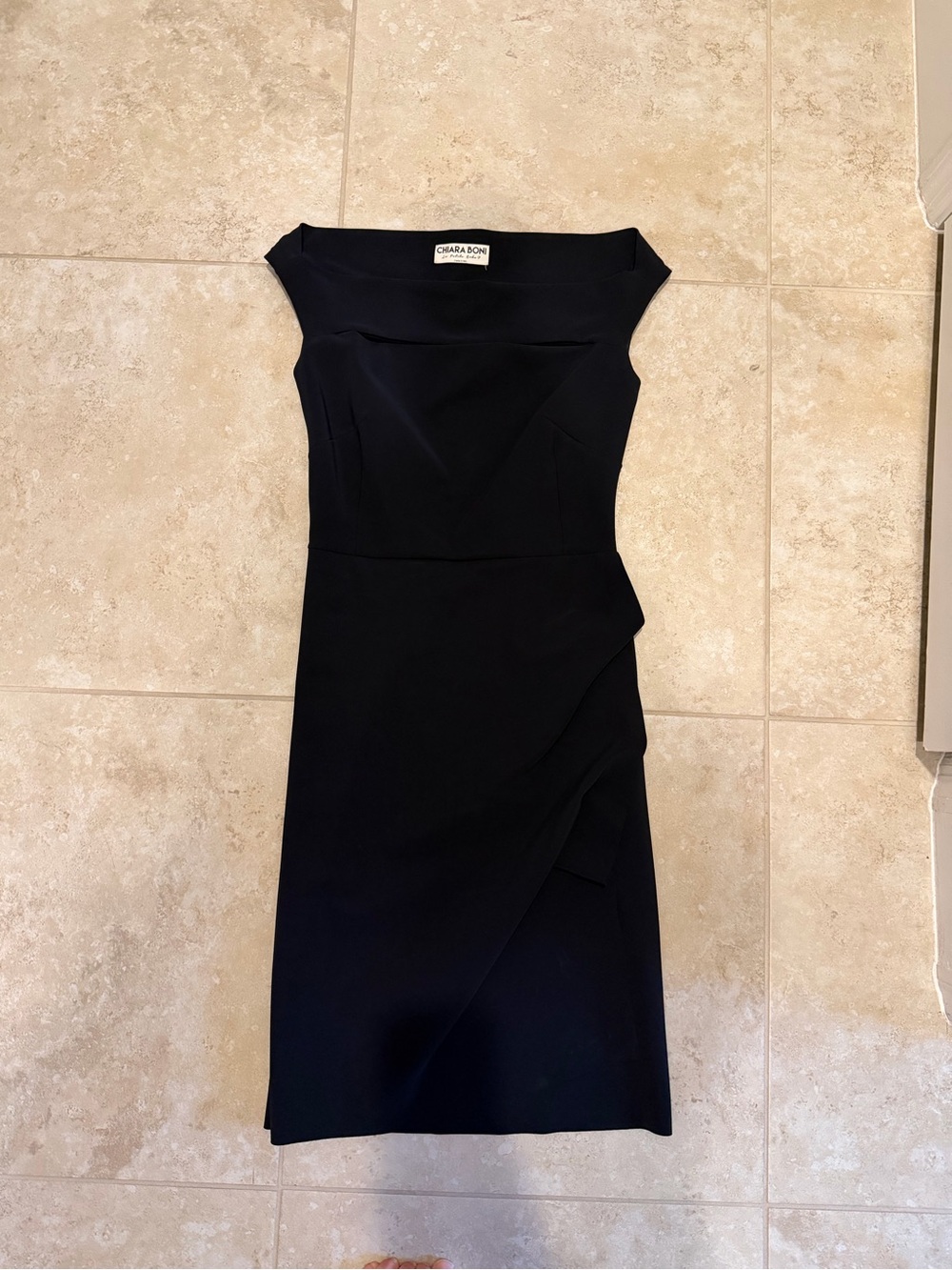 Chiara Boni Black Off-Shoulder Midi Dress with Asymmetric Draping